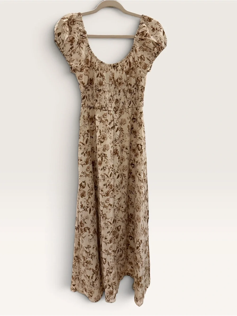NWOT Blu Pepper Brown Floral Smocked Puff Sleeve Midi Dress Size S